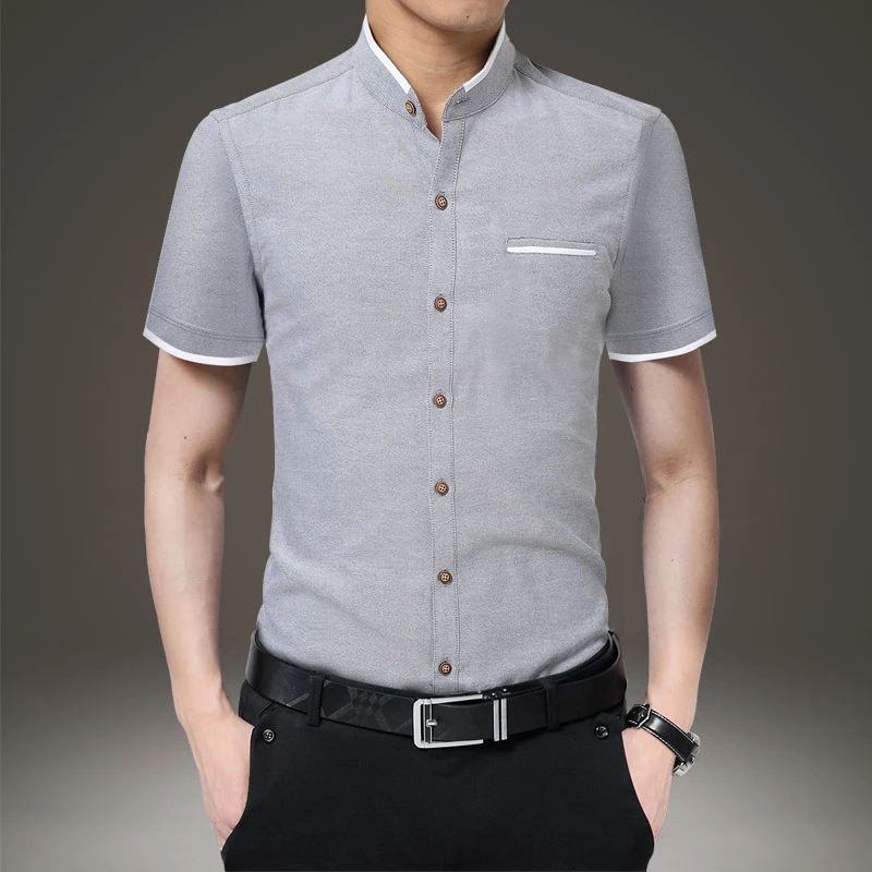 2024-New-Summer-Men-Short-Sleeve-Shirt-Stand-Oxford-Fashion-Causal-Dress-Business-Male-Shirts-Man-2