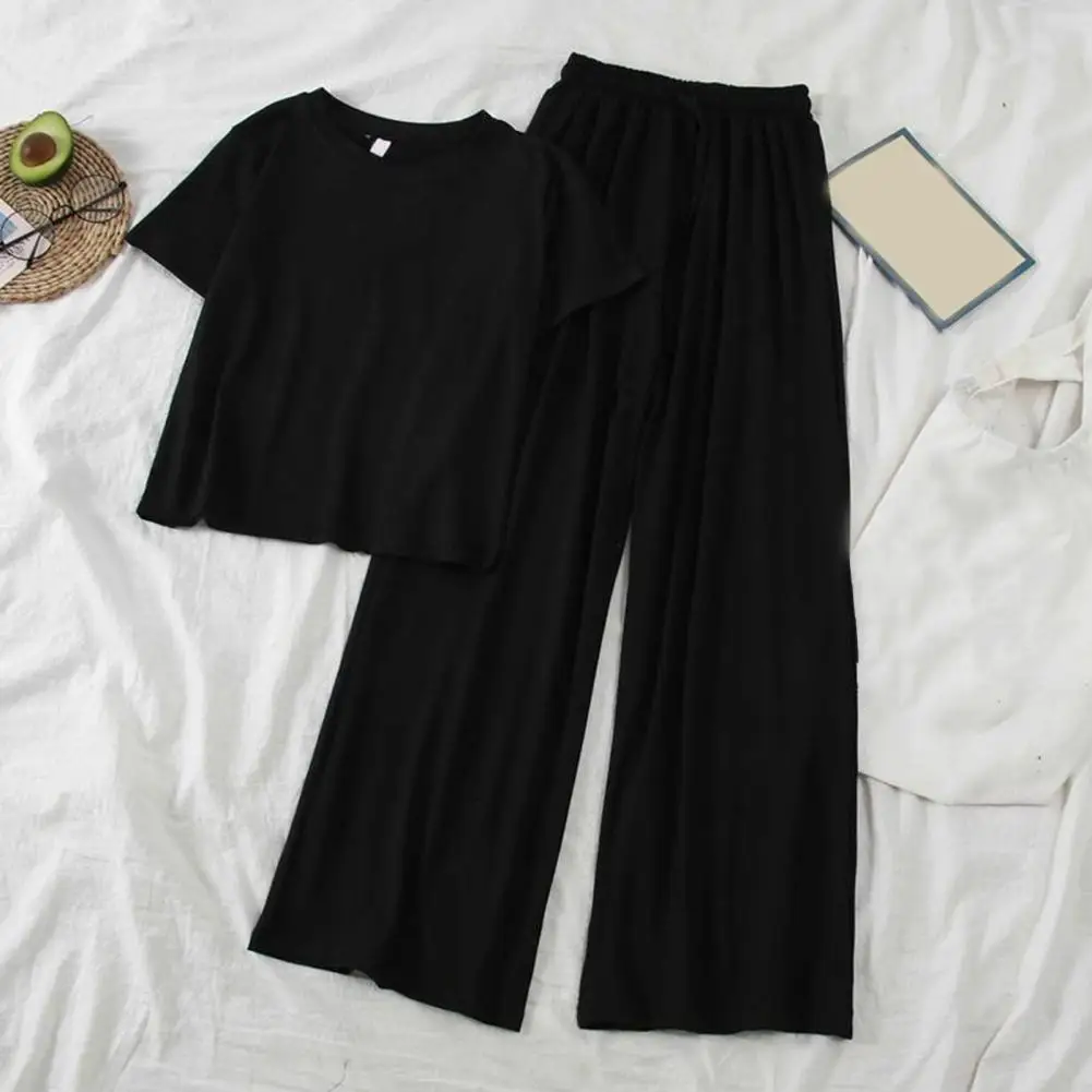 2-Pcs-Set-Women-T-shirt-Pants-Set-Short-Sleeves-Elastic-Waist-Wide-Leg-Homewear-Drawstring-2