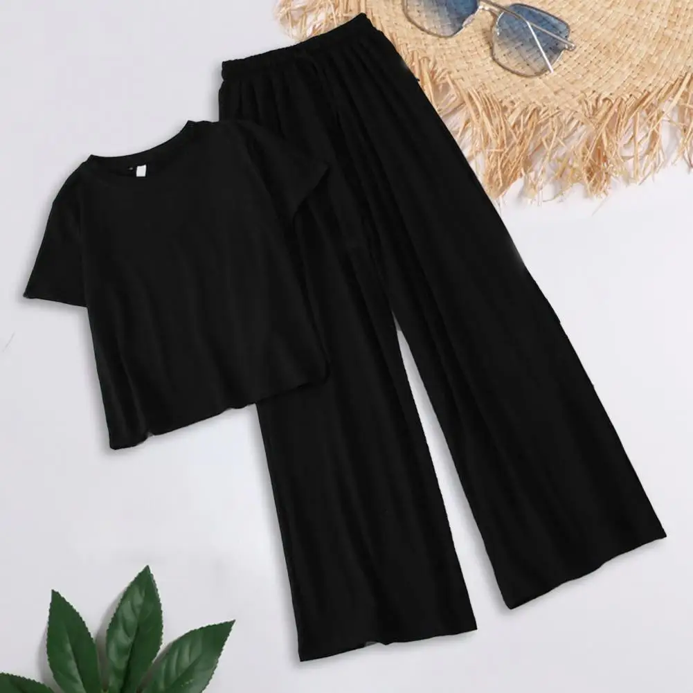 2-Pcs-Set-Women-T-shirt-Pants-Set-Short-Sleeves-Elastic-Waist-Wide-Leg-Homewear-Drawstring-3