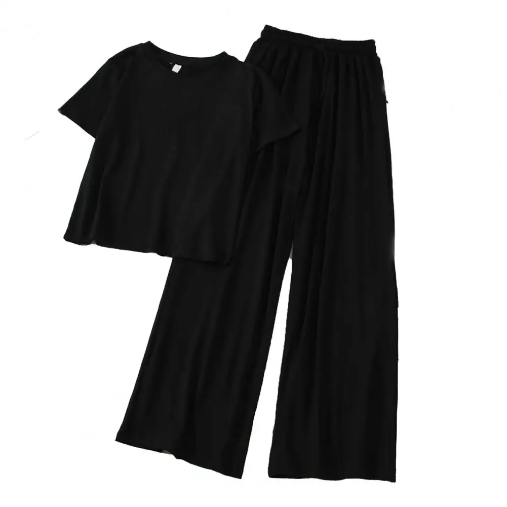 2-Pcs-Set-Women-T-shirt-Pants-Set-Short-Sleeves-Elastic-Waist-Wide-Leg-Homewear-Drawstring-4