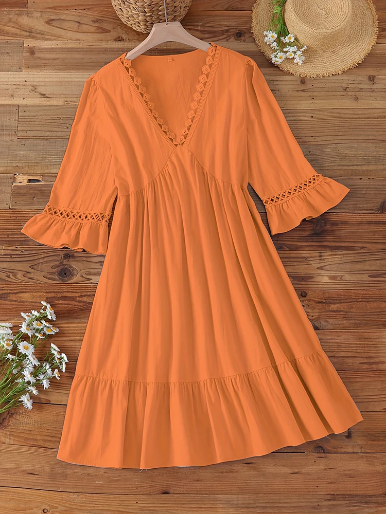 Plus-Size-2024-Summer-New-Women-s-Loose-Casual-Hollow-V-Neck-Five-Sleeve-Dress-Solid-2