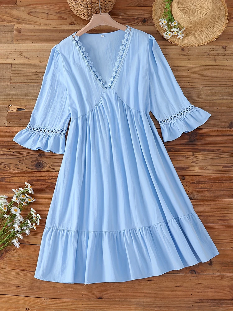 Plus-Size-2024-Summer-New-Women-s-Loose-Casual-Hollow-V-Neck-Five-Sleeve-Dress-Solid-3